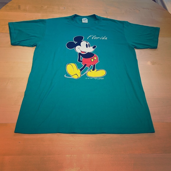 VTG 80's Mickey Mouse Florida Velva Sheen Teal L - Picture 1 of 5